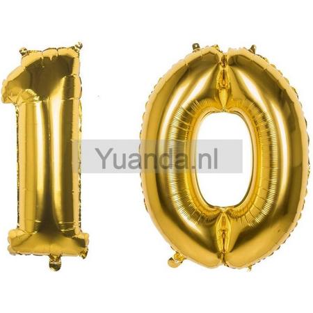 10 Jaar Folie Ballonnen Goud - Happy Birthday - Foil Balloon - Versiering - Verjaardag - Man / Vrouw - Feest - Inclusief Opblaas Stokje & Clip - XXL - 115 cm