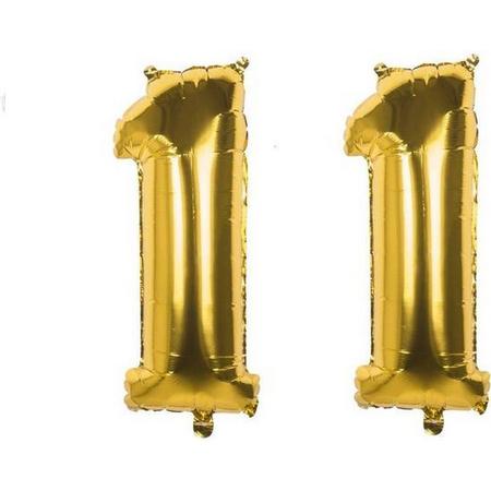 11 Jaar Folie Ballonnen Goud - Happy Birthday - Foil Balloon - Versiering - Verjaardag - Jongen / Meisje - Feest - Inclusief Opblaas Stokje & Clip - XXL - 115 cm