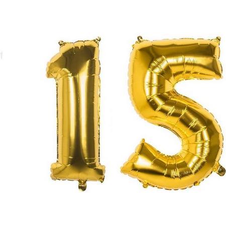 15 Jaar Folie Ballonnen Goud - Happy Birthday - Foil Balloon - Versiering - Verjaardag - Jongen / Meisje - Feest - Inclusief Opblaas Stokje & Clip - XXL - 115 cm