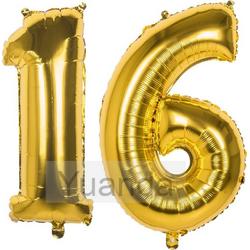 16 Jaar Folie Ballonnen Goud - Happy Birthday - Foil Balloon - Versiering - Verjaardag - Man / Vrouw - Feest - Inclusief Opblaas Stokje & Clip - XL - 115 cm