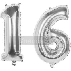 16 Jaar Folie Ballonnen Zilver - Happy Birthday - Foil Balloon - Versiering - Verjaardag - Man / Vrouw - Feest - Inclusief Opblaas Stokje & Clip - XL - 115 cm