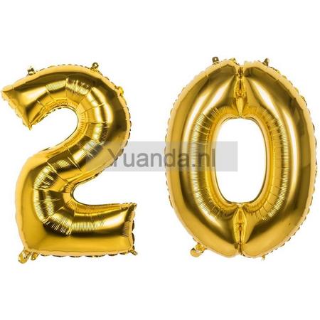 20 Jaar Folie Ballonnen Goud - Happy Birthday - Foil Balloon - Versiering - Verjaardag - Man / Vrouw - Feest - Inclusief Opblaas Stokje & Clip - XXL - 115 cm