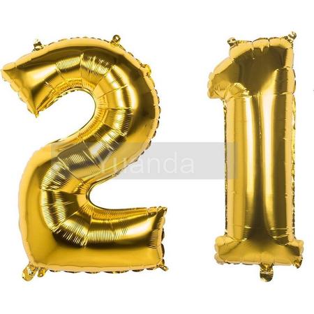 21 Jaar Folie Ballonnen Goud - Happy Birthday - Foil Balloon - Versiering - Verjaardag - Man / Vrouw - Feest - Inclusief Opblaas Stokje & Clip - XXL - 115 cm