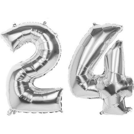 24 Jaar Folie Ballonnen Zilver- Happy Birthday - Foil Balloon - Versiering - Verjaardag - Man / Vrouw - Feest - Inclusief Opblaas Stokje & Clip - XXL - 115 cm