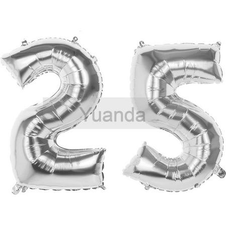 25 Jaar Folie Ballonnen Zilver- Happy Birthday - Foil Balloon - Versiering - Verjaardag - Man / Vrouw - Feest - Inclusief Opblaas Stokje & Clip - XXL - 115 cm