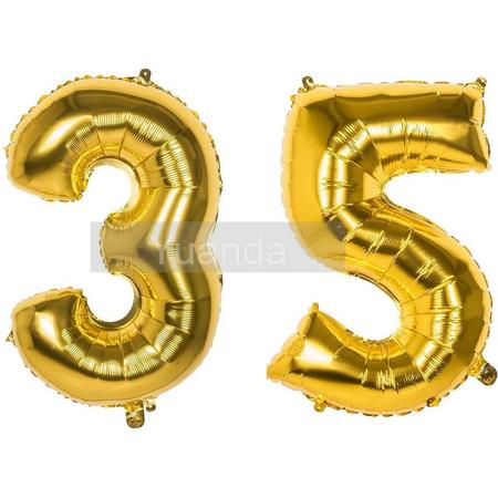 35 Jaar Folie Ballonnen Goud - Happy Birthday - Foil Balloon - Versiering - Verjaardag - Man / Vrouw - Feest - Inclusief Opblaas Stokje & Clip - XXL - 115 cm