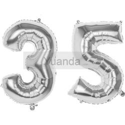 35 Jaar Folie Ballonnen Zilver- Happy Birthday - Foil Balloon - Versiering - Verjaardag - Man / Vrouw - Feest - Inclusief Opblaas Stokje & Clip - XXL - 115 cm