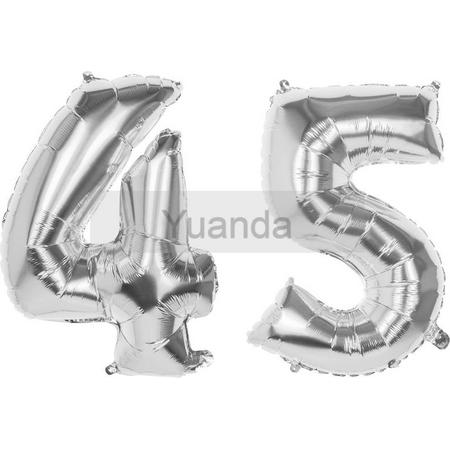 45 Jaar Folie Ballonnen Zilver- Happy Birthday - Foil Balloon - Versiering - Verjaardag - Man / Vrouw - Feest - Inclusief Opblaas Stokje & Clip - XXL - 115 cm