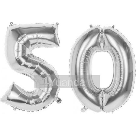 50 Jaar Folie Ballonnen Zilver - Happy Birthday - Foil Balloon - Versiering - Verjaardag - Man / Vrouw - Feest - Inclusief Opblaas Stokje & Clip - XL - 115 cm