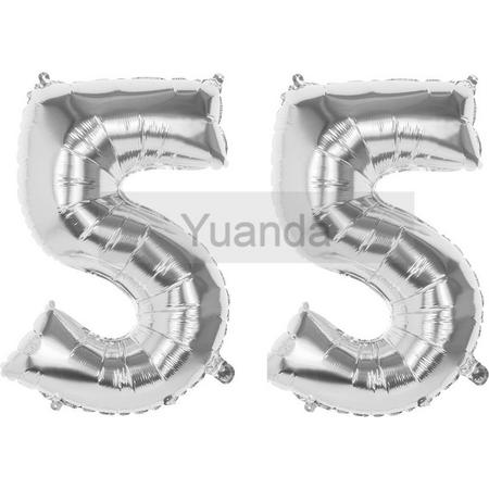 55 Jaar Folie Ballonnen Zilver- Happy Birthday - Foil Balloon - Versiering - Verjaardag - Man / Vrouw - Feest - Inclusief Opblaas Stokje & Clip - XXL - 115 cm