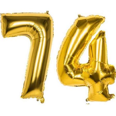 74 Jaar Folie Ballonnen Goud - Happy Birthday - Foil Balloon - Versiering - Verjaardag - Man / Vrouw - Feest - Inclusief Opblaas Stokje & Clip - XXL - 115 cm