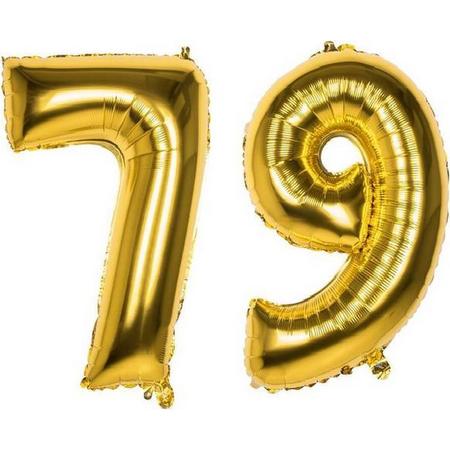 79 Jaar Folie Ballonnen Goud - Happy Birthday - Foil Balloon - Versiering - Verjaardag - Man / Vrouw - Feest - Inclusief Opblaas Stokje & Clip - XXL - 115 cm