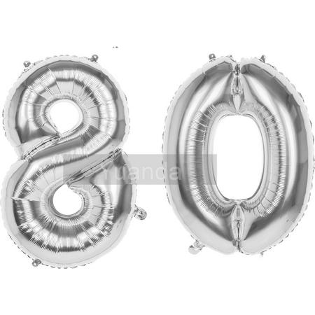 80 Jaar Folie Ballonnen Zilver - Happy Birthday - Foil Balloon - Versiering - Verjaardag - Man / Vrouw - Feest - Inclusief Opblaas Stokje & Clip - XL - 115 cm