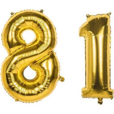 81 Jaar Folie Ballonnen Goud - Happy Birthday - Foil Balloon - Versiering - Verjaardag - Man / Vrouw - Feest - Inclusief Opblaas Stokje & Clip - XXL - 115 cm