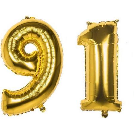 91 Jaar Folie Ballonnen Goud - Happy Birthday - Foil Balloon - Versiering - Verjaardag - Man / Vrouw - Feest - Inclusief Opblaas Stokje & Clip - XXL - 115 cm