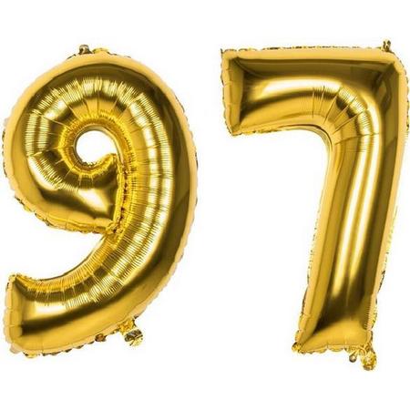 97 Jaar Folie Ballonnen Goud - Happy Birthday - Foil Balloon - Versiering - Verjaardag - Man / Vrouw - Feest - Inclusief Opblaas Stokje & Clip - XXL - 115 cm