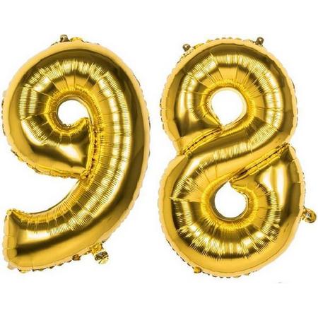 98 Jaar Folie Ballonnen Goud - Happy Birthday - Foil Balloon - Versiering - Verjaardag - Man / Vrouw - Feest - Inclusief Opblaas Stokje & Clip - XXL - 115 cm