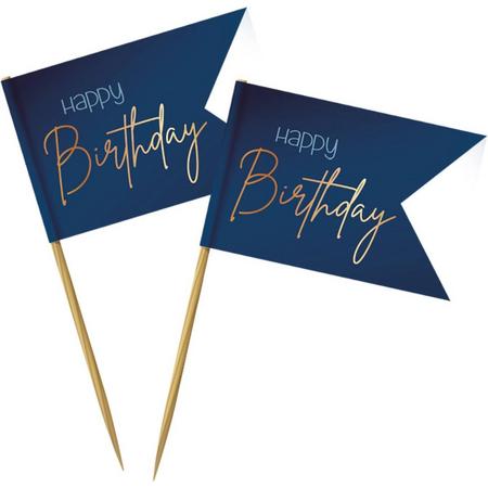 Cocktailprikkers - Happy Birthday - Luxe - Blauw, goud - 36st