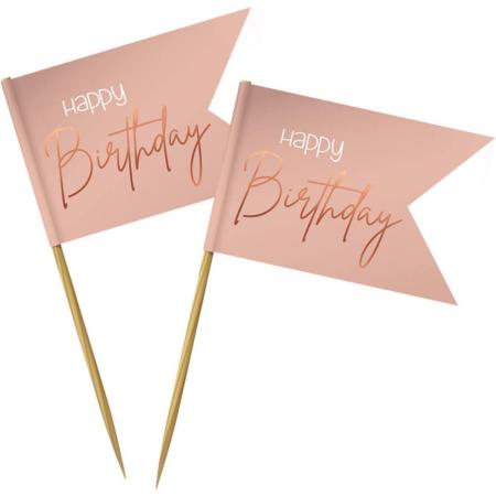 Cocktailprikkers - Happy Birthday - Luxe - Roze, roségoud - 36st