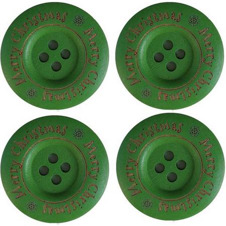 Houten Knoop - Button - Wood - Merry Christmas - 35mm - Groen - 4 stuks