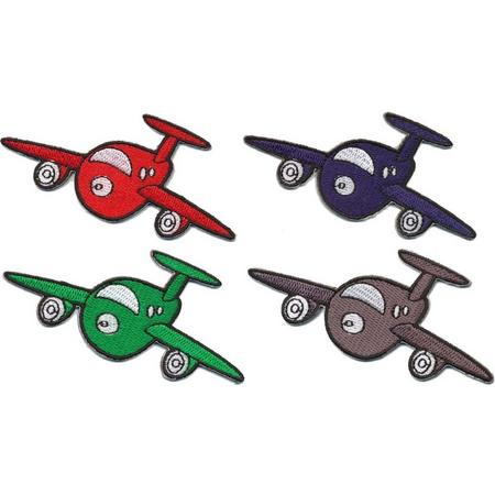 Patch - Strijkembleem - Vliegtuig - 4 stuks - rood - groen - grijs - blauw - 9 x 4 cm