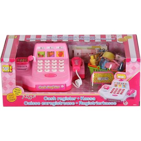 Roze speelgoed kassa met boodschappen