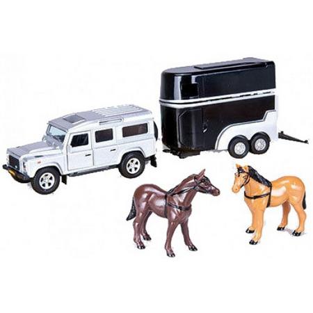 Speelauto zilveren Land Rover met paardentrailer