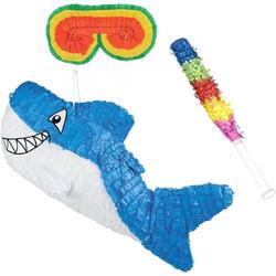 Funny Fashion - Verjaardag Pinata blauwe haai van 60 x 27 cm set met stok en masker