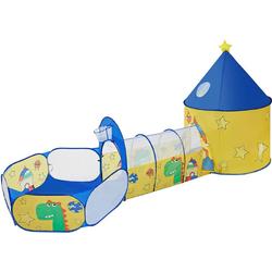 SONGMICS 3-in-1 speeltent, pop-up, met tunnel, ballenbad, basketbalhoepel, voor kinderen, voor binnen en buiten, met dinosaurusmotief, cadeau-idee, voor verjaardag, geel-blauw LPT702Y01