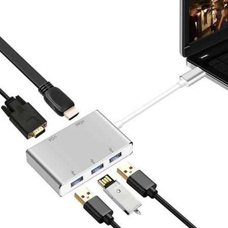5 in 1 USB-C Hub - Type C Adapter (4k HDMI - VGA- 3x USB 3.0) - Zilver