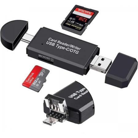 Universele SD- en TF-Kaartlezer met USB-, USB-C- en micro-USB