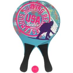 Houten beachball set met USA surfing print - Strand balletjes - Rackets/batjes en bal - Tennis ballenspel