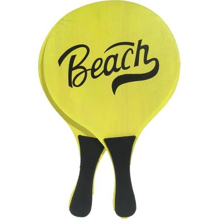 Houten beachball set neon geel - Strand balletjes - Rackets/batjes en bal - Tennis ballenspel