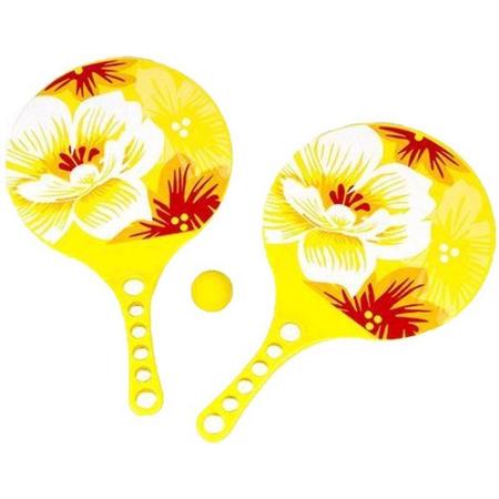Kunststof beachball set geel hibiscus print - Strand balletjes - Rackets/batjes en bal - Tennis ballenspel