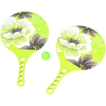 Kunststof beachball set groen hibiscus print - Strand balletjes - Rackets/batjes en bal - Tennis ballenspel