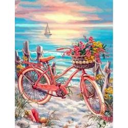 Diamond painting 40 x 50 cm fiets met zons ondergang volledige bedrukking ronde steentjes direct leverbaar - fiets - bike - mand - zon - strand - zeilboot - oceaan - zee - schelpen -