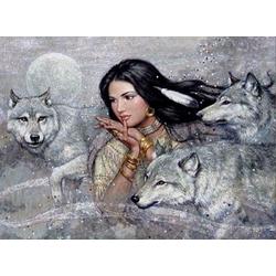 Diamond painting 40 x 50 cm indiaan met wolven en maan volledige bedrukking ronde steentjes direct leverbaar indianen - wolf - maan -  vrouw - veer