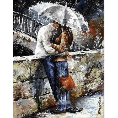 Diamond painting 40 x 50 cm man en vrouw in de regen - paraplu - volledige bedrukking ronde steentjes -  regen - nat - paraplu - brug - verliefd stel - kussen