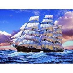 Diamond painting zeilboot 40 x 50 cm vlaggen schip oceaan - volledige bedrukking ronde steentjes - piraten boot - schip - zee - achtergrond - wolken - golven