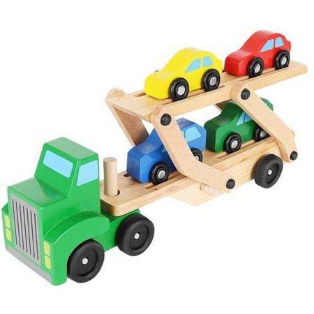 Houten kinderspeelgoed - vrachtwagen met 4 x auto - autotransporter