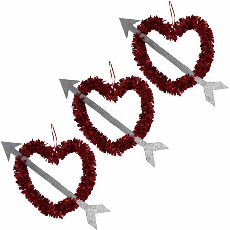 Valentijnsdag/bruiloft versiering hangend hart met pijl 45 cm - Lametta folie hangdecoratie hartjes