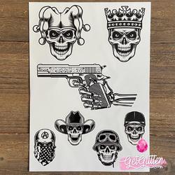 GetGlitterBaby - Henna Plak Tattoos / Tijdelijke Tattoo / Nep Tatoeage / Fake Temporary Tattoo - Skulls & Gun