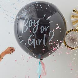 Gender Reveal XL ballon zwart - incl roze & blauw confetti