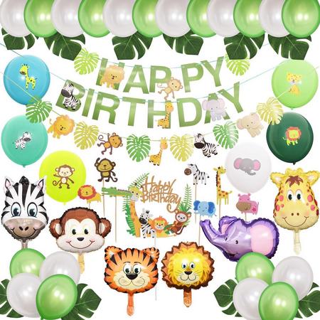 Jungle Thema Verjaardag Versiering  - Feestpakket - Safari feestje -  Jungle Decoratie voor feestjes - Kinderfeestje - Inclusief (Dieren) Ballonnen - Pompons