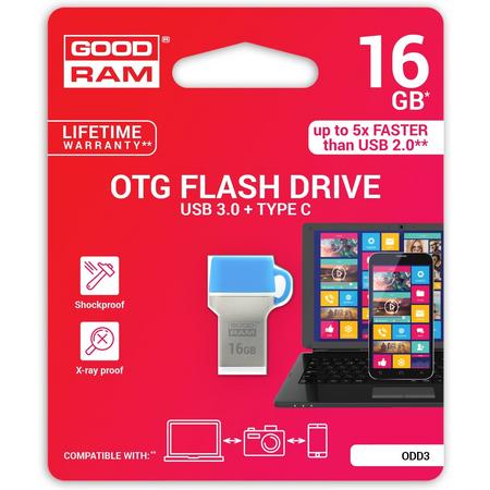Goodram 16GB USB 3.0 16GB 3.0 (3.1 Gen 1) USB-Type-A-aansluiting USB Type-C-connector Blauw USB flash drive