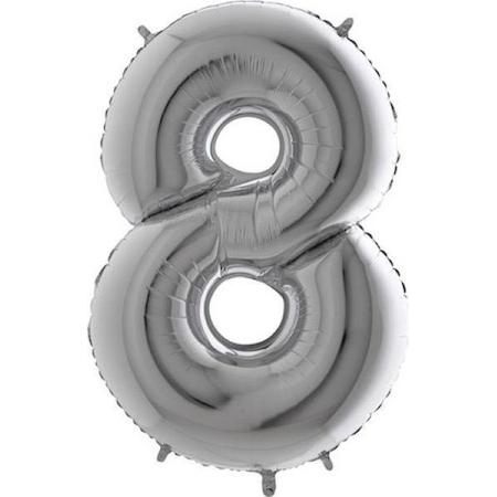 Grabo Balloons - Folieballon - Cijfer 8 - zilver - 66cm