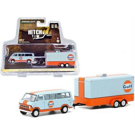 Ford Club Wagon Gulf Oil with Enclosed Car Trailer - Hitch & Tow 20, 1/64 Greenlight Collectibles