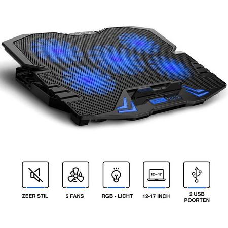 Greenure laptop koeler - cooling pad - 5 ventilatoren - 2 USB - tot 17 inch - Blauw