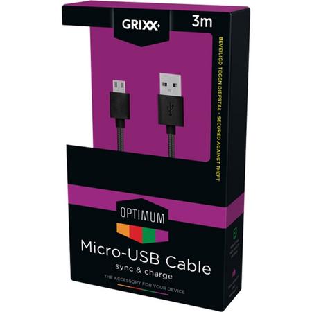 Grixx - Grixx Micro-usb Kabel Zwart 3m - Altijd Garantie