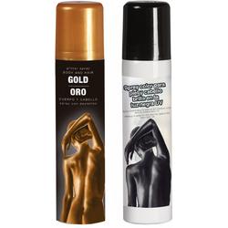 Guirca Haarspray/bodypaint spray - 2x kleuren - goud en zwart - 75 ml